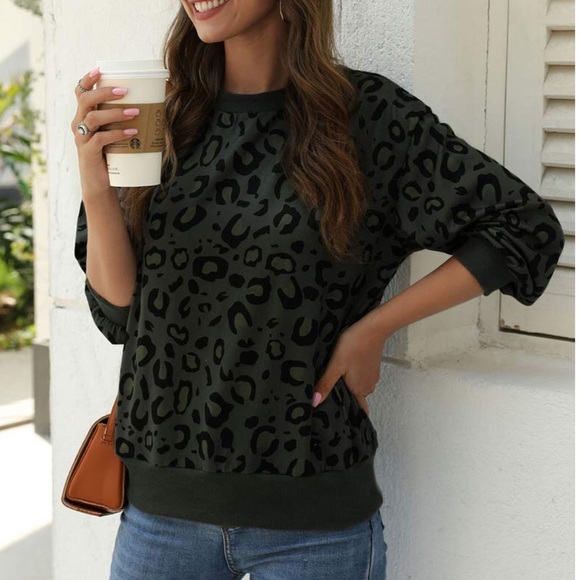 Army green Leopard Print Sweatshirt - Picture 3 of 4
